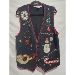VTG Victoria Jones Cardigan Holiday Buttonup‎ Snowman Vest Large Grandma Sweater